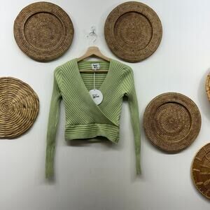 NEW Princess Polly Green Ribbed Stretch Knit Long Sleeve Cropped Crop Top S/M